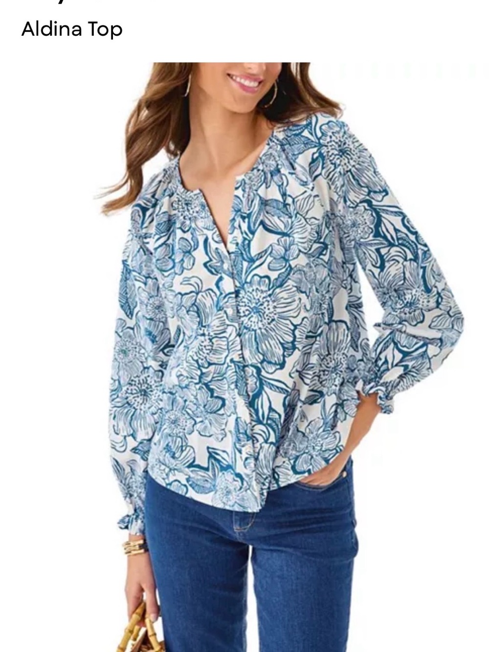 Lilly Pulitzer Aldina Blue & White Floral Button-Down Blouse-large